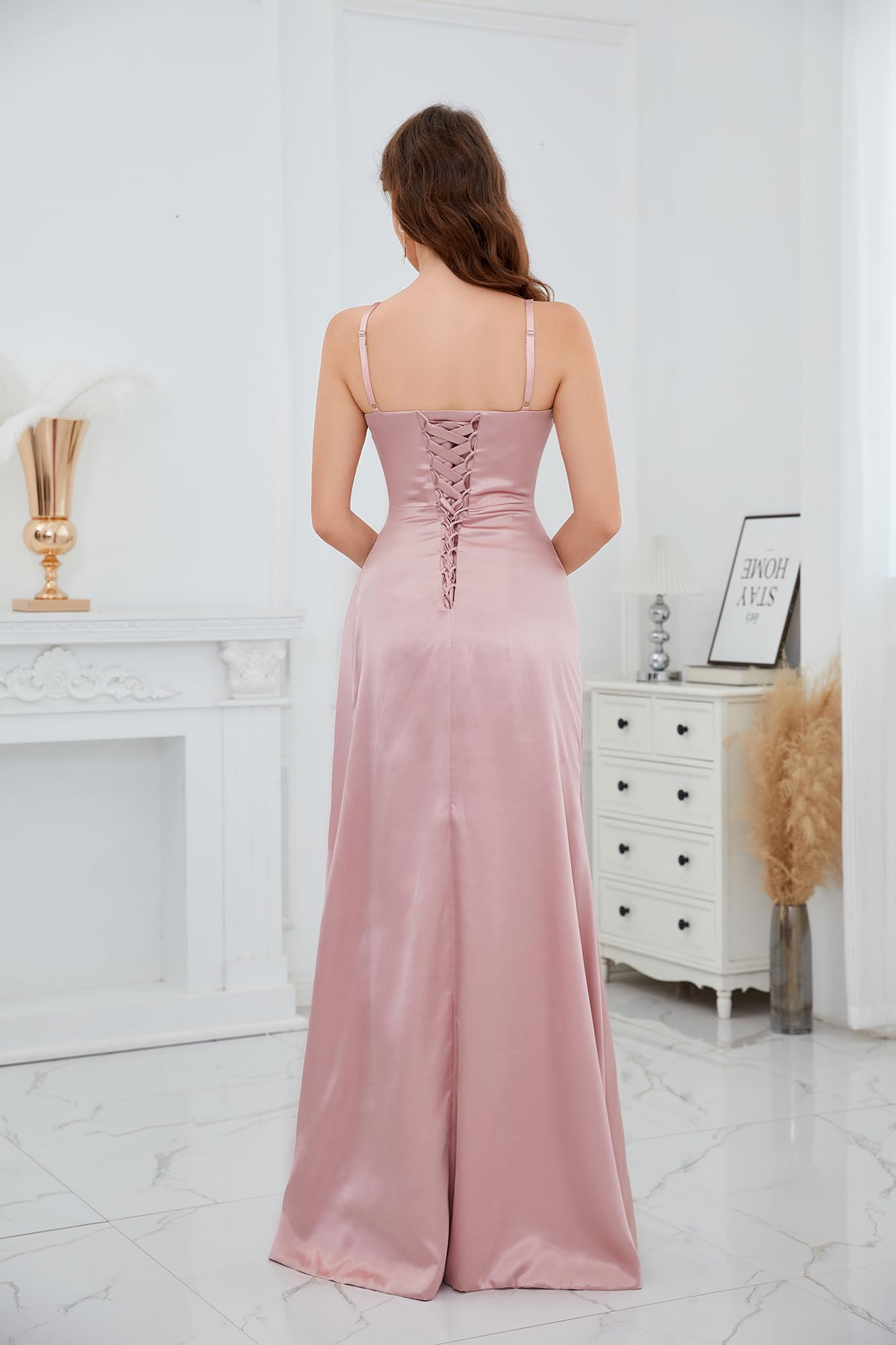 Women's Satin Bridesmaid Dresses with Slit Mermaid Prom Dress Long Ruched Wedding Guest Gown